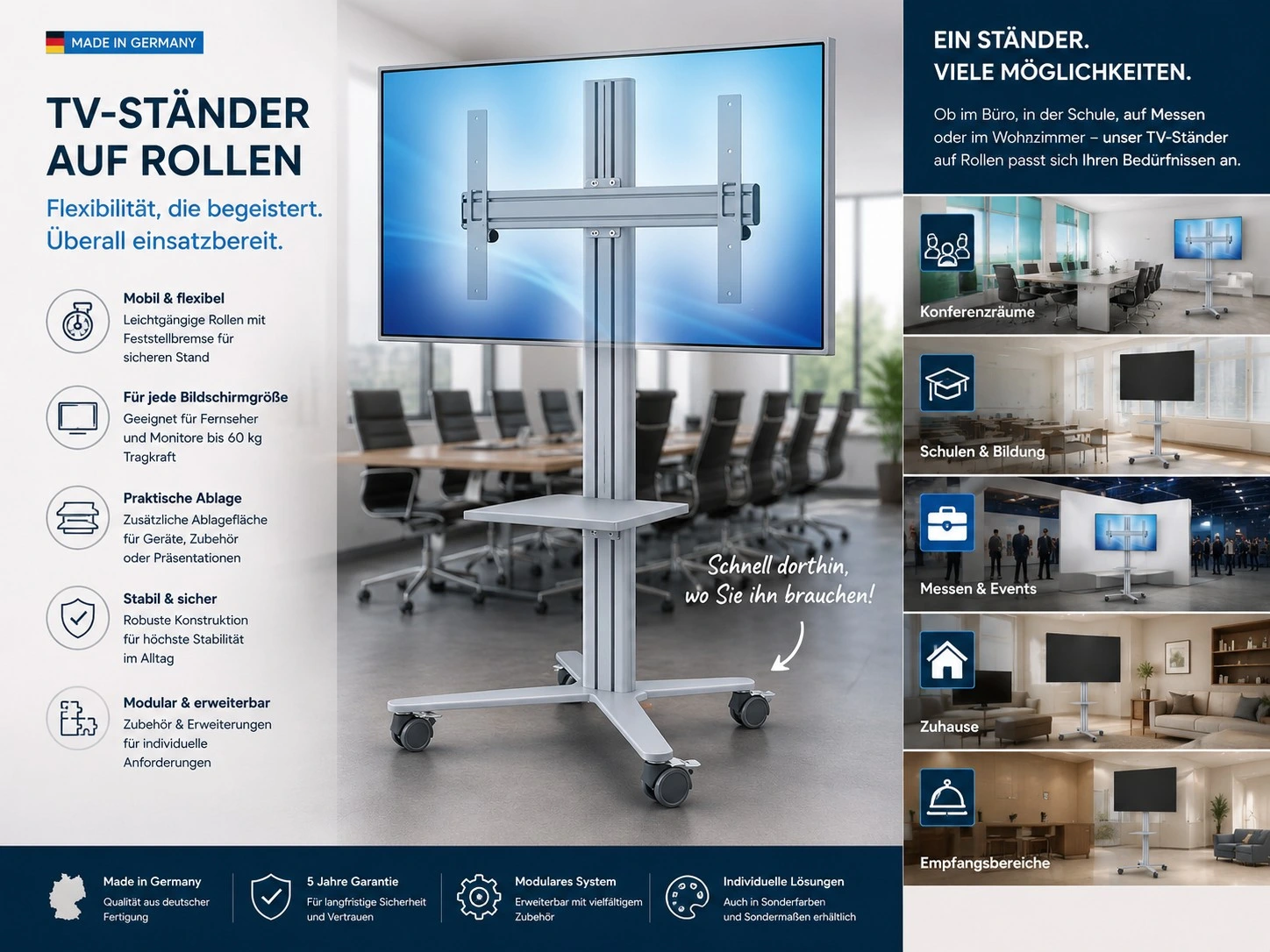 Mobiler TV-Ständer mit Rollen und Ablage