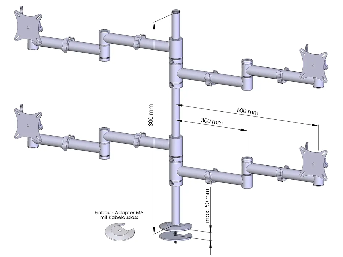 Flex-System Monitorhalterung für 4 Monitore Einbauadapter mit Kabelauslass (MA) 2+2 - 25''-32''